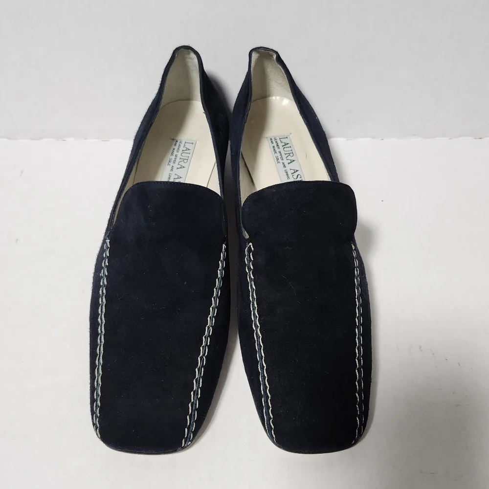 Vintage Laura Ashley Leather Blue Suede Loafers Heels Shoes 37 7 - Picture 4 of 8